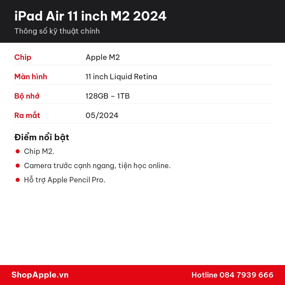Thông số kỹ thuật iPad Air 11 inch M2 2024