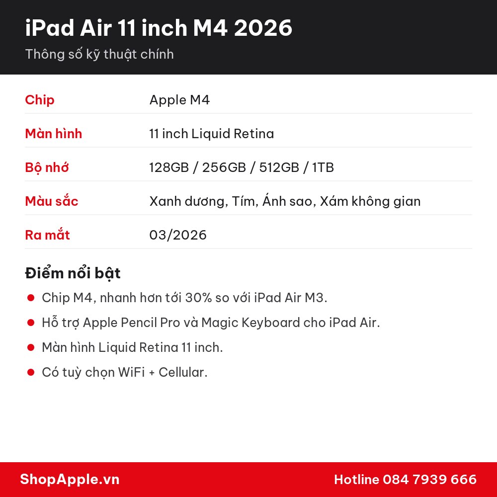 Thông số kỹ thuật iPad Air 11 inch M4 2026