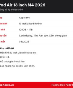 Thông số kỹ thuật iPad Air 13 inch M4 2026