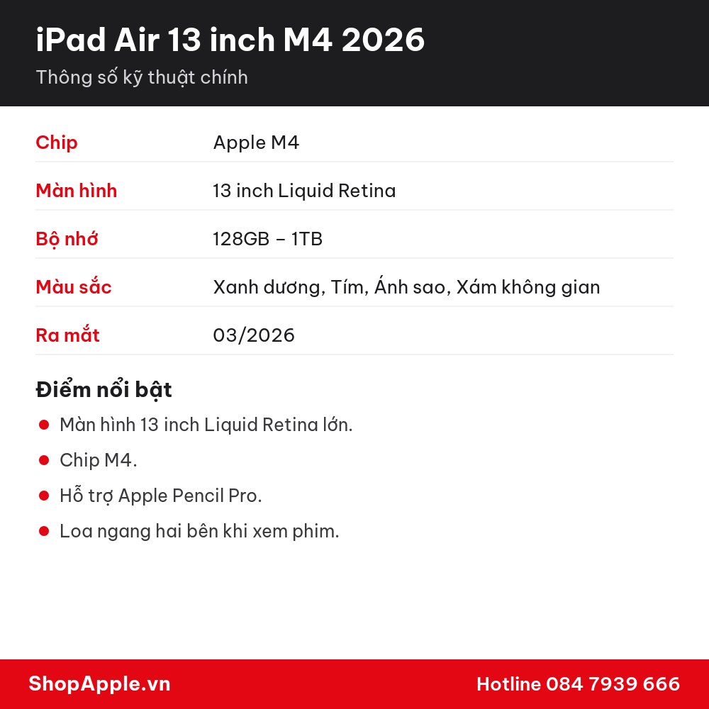 Thông số kỹ thuật iPad Air 13 inch M4 2026