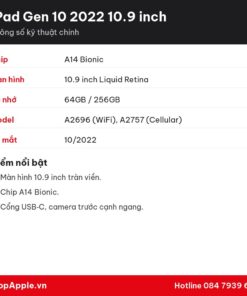 Thông số kỹ thuật iPad Gen 10 2022 10.9 inch