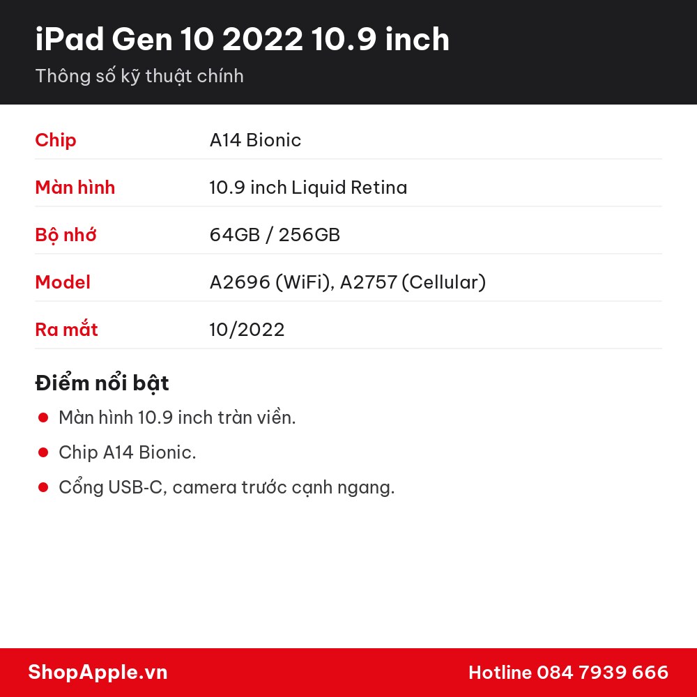 Thông số kỹ thuật iPad Gen 10 2022 10.9 inch