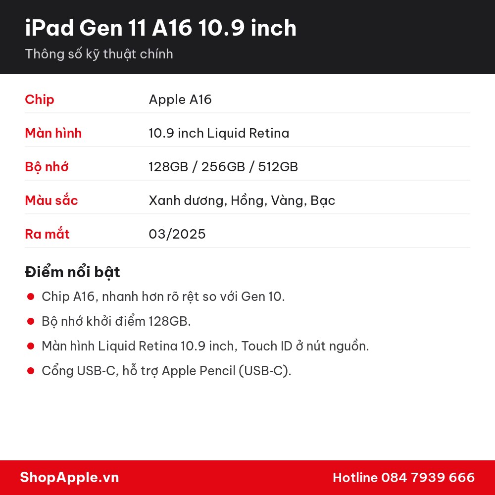 Thông số kỹ thuật iPad Gen 11 A16 11 inch