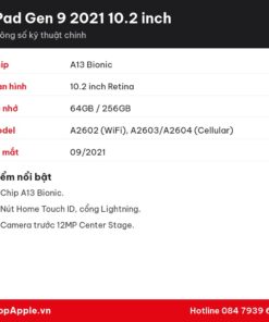 Thông số kỹ thuật iPad Gen 9 2021 10.2 inch
