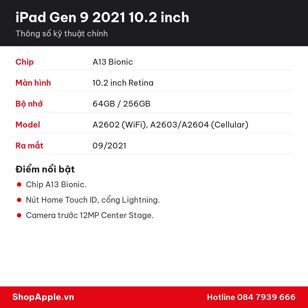 Thông số kỹ thuật iPad Gen 9 2021 10.2 inch