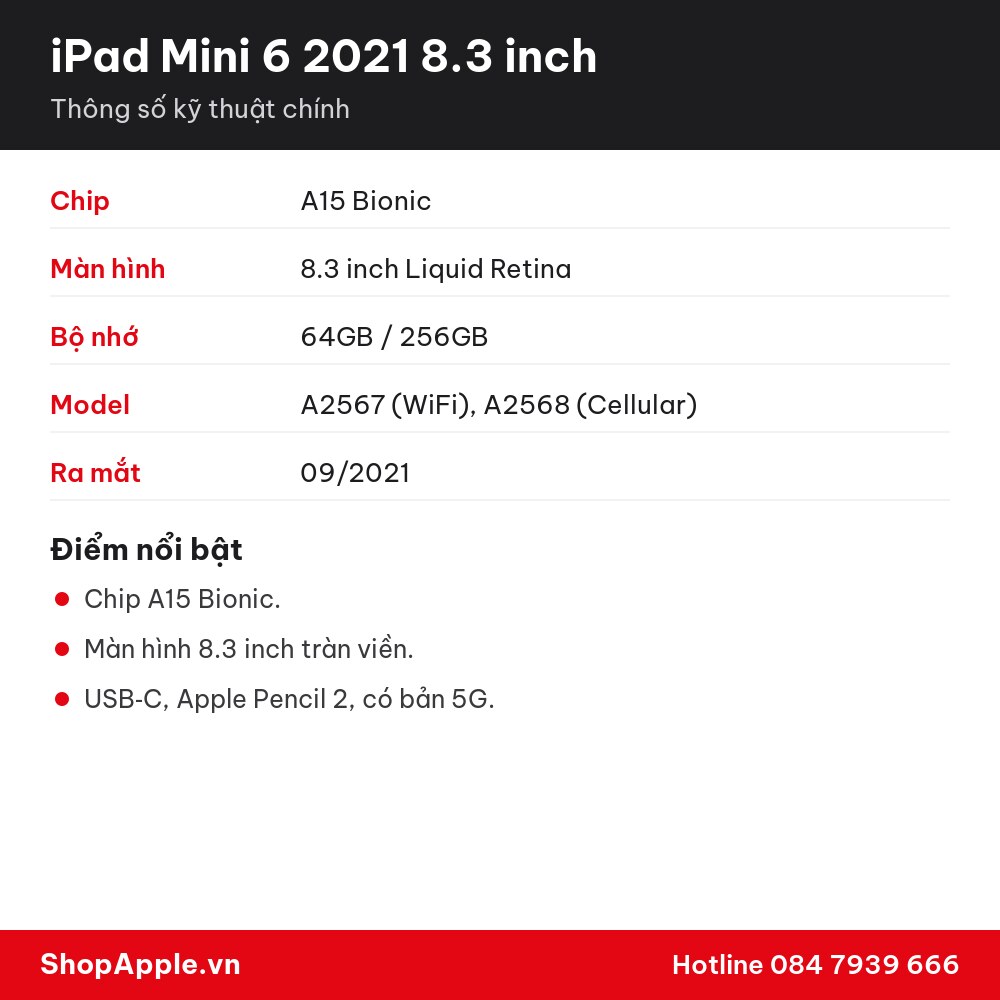 Thông số kỹ thuật iPad Mini 6 2021 8.3 inch