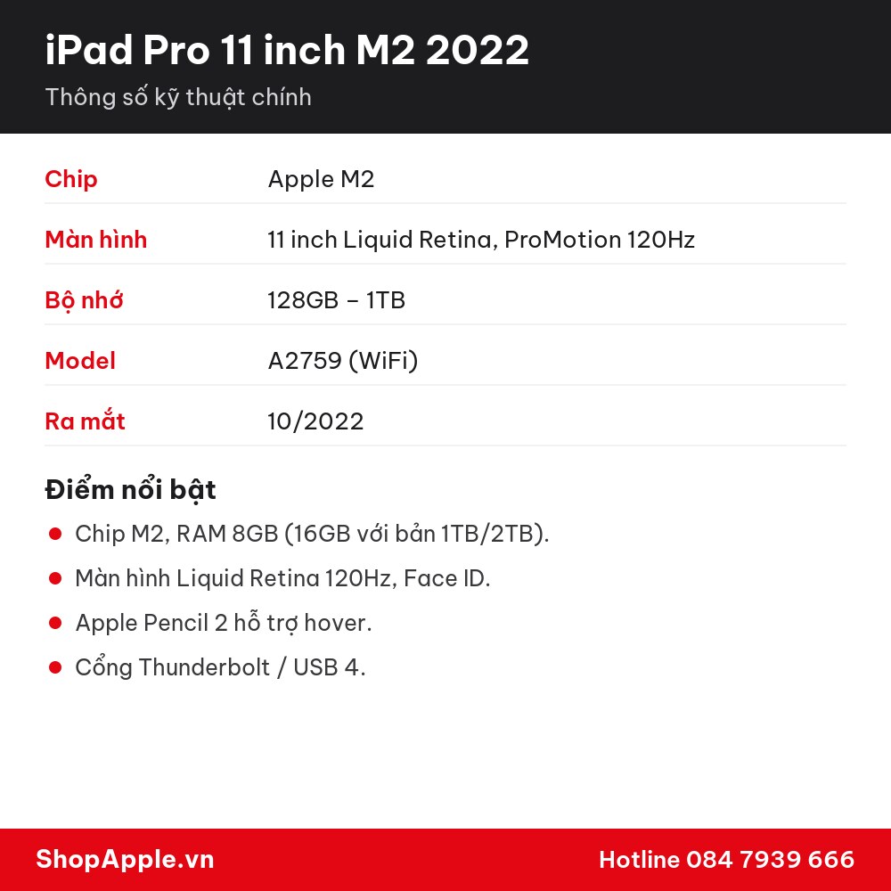 Thông số kỹ thuật iPad Pro 11 inch M2 2022