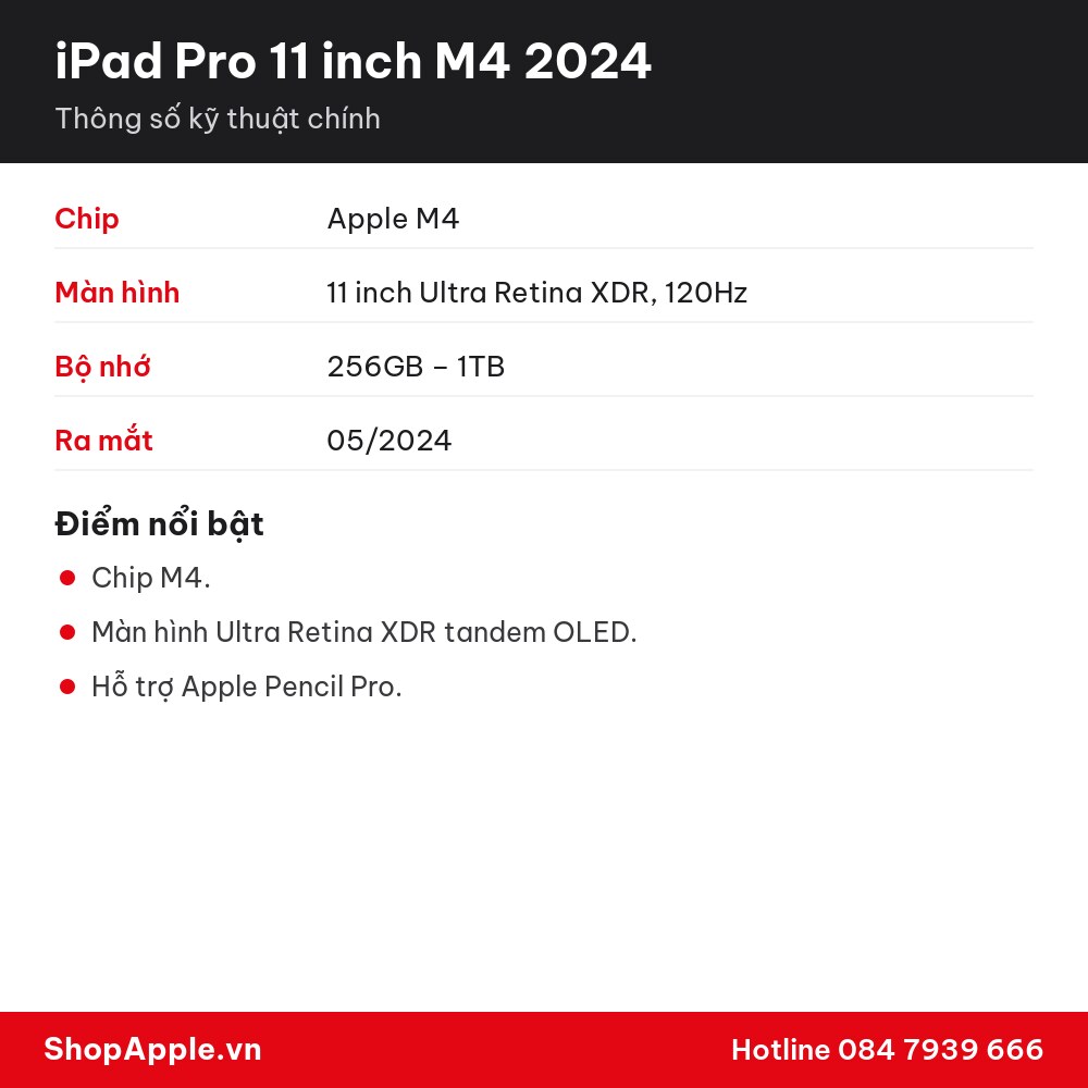 Thông số kỹ thuật iPad Pro 11 inch M4 2024