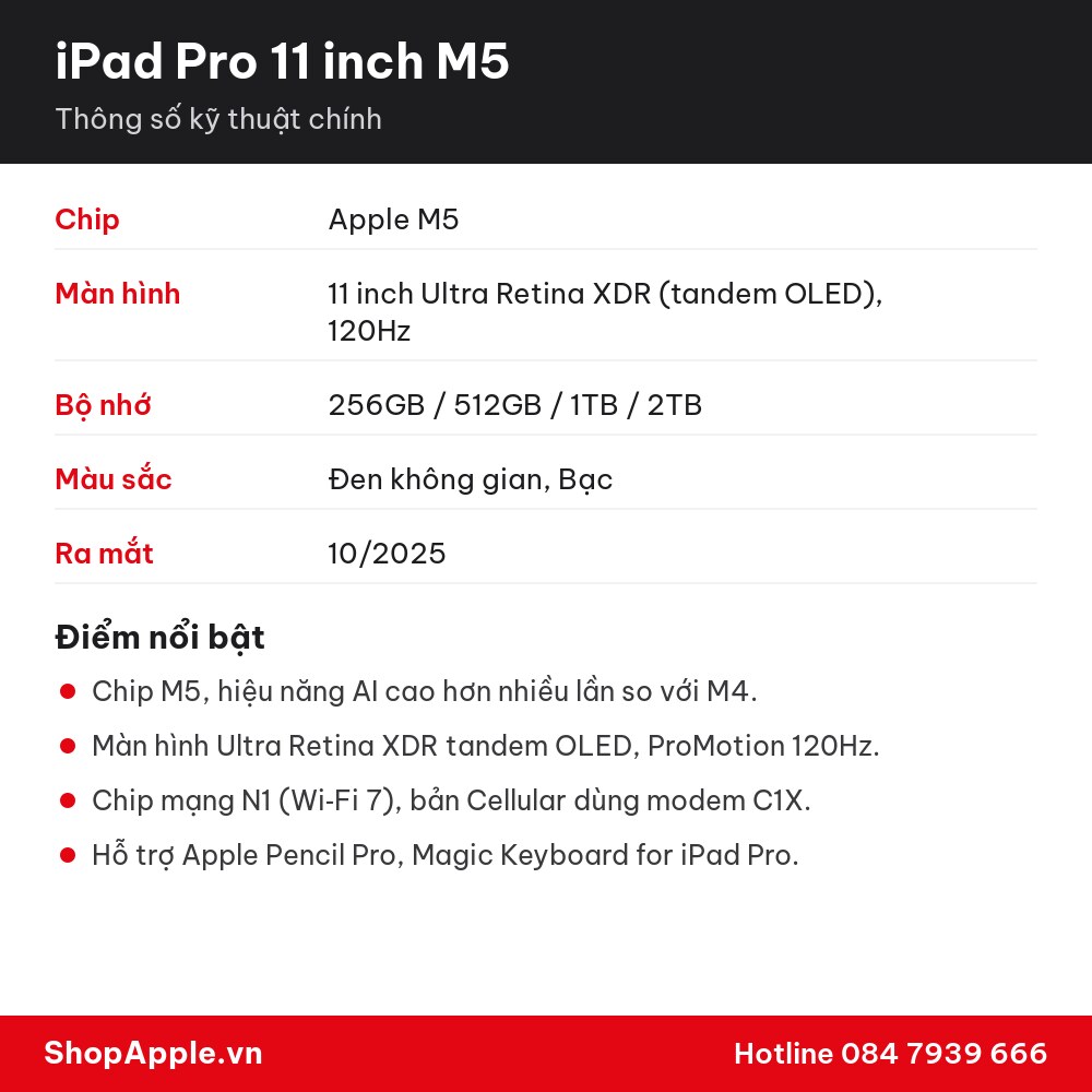 Thông số kỹ thuật iPad Pro 11 inch M5