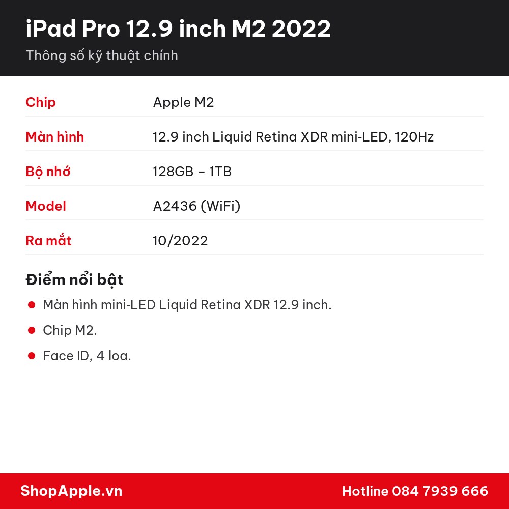 Thông số kỹ thuật iPad Pro 12.9 inch M2 2022