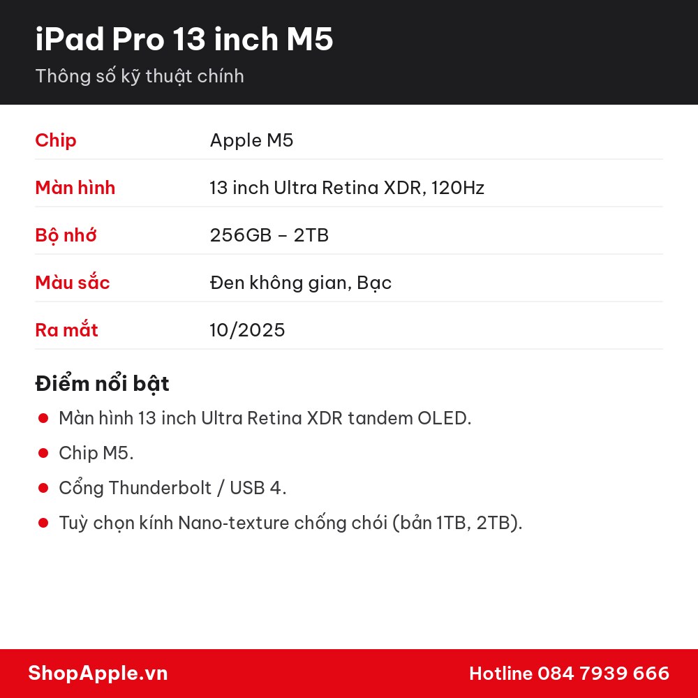 Thông số kỹ thuật iPad Pro 13 inch M5