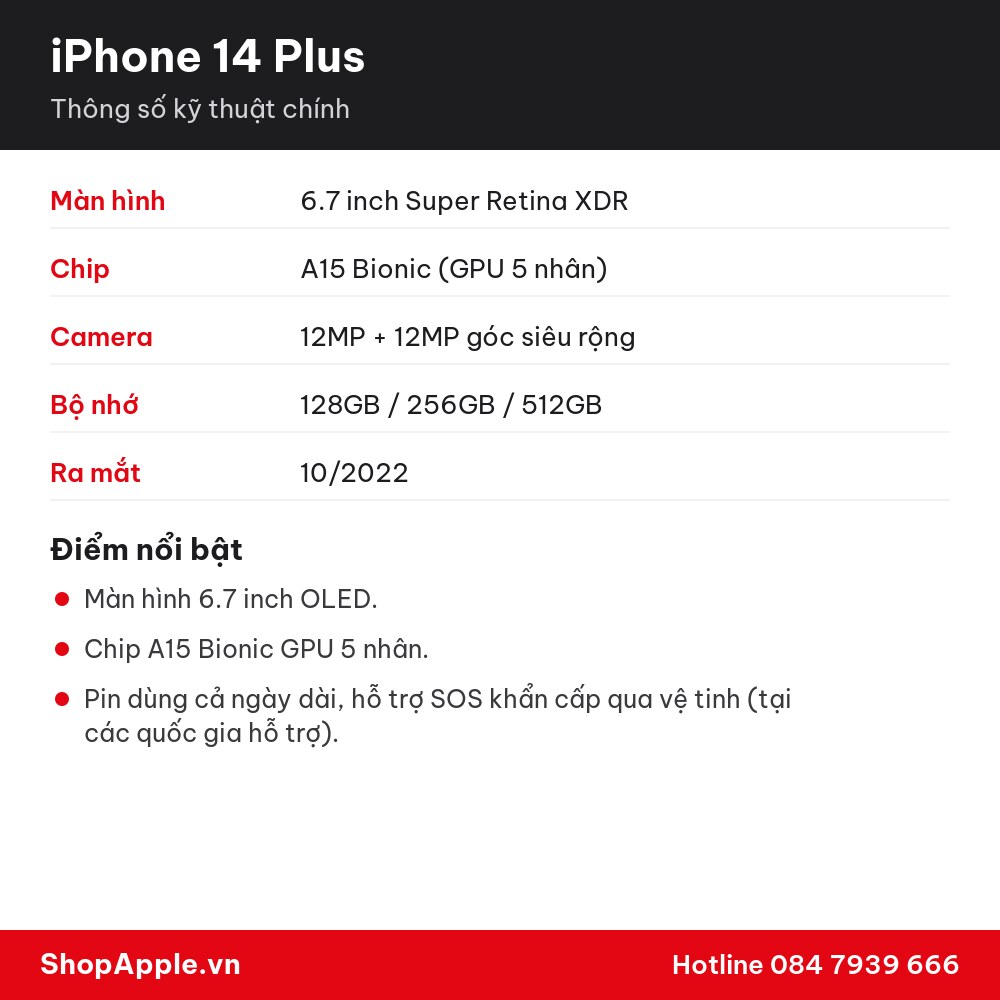 Thông số kỹ thuật iPhone 14 Plus