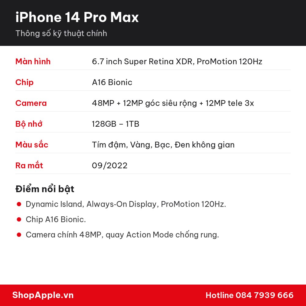 Thông số kỹ thuật iPhone 14 Pro Max