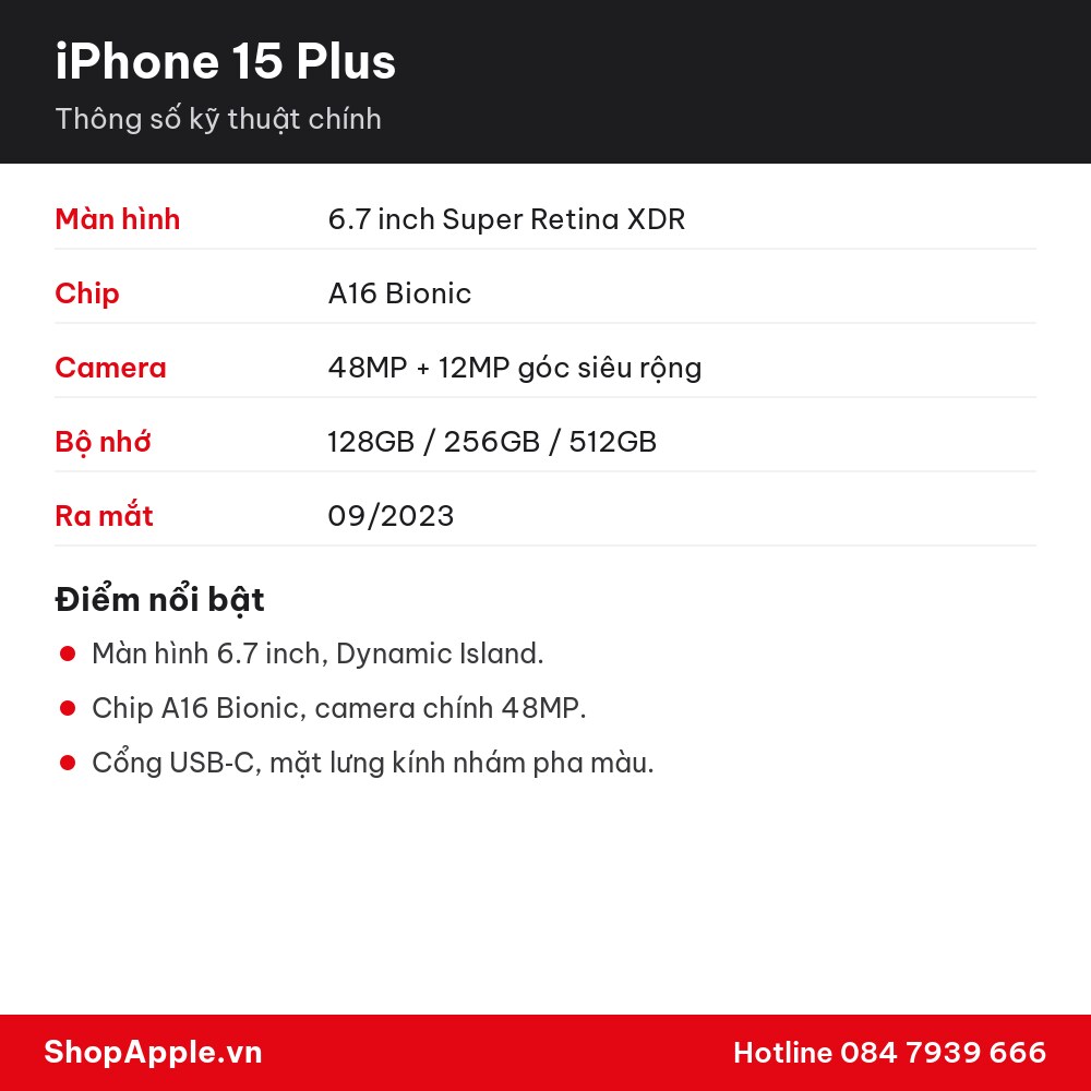Thông số kỹ thuật iPhone 15 Plus