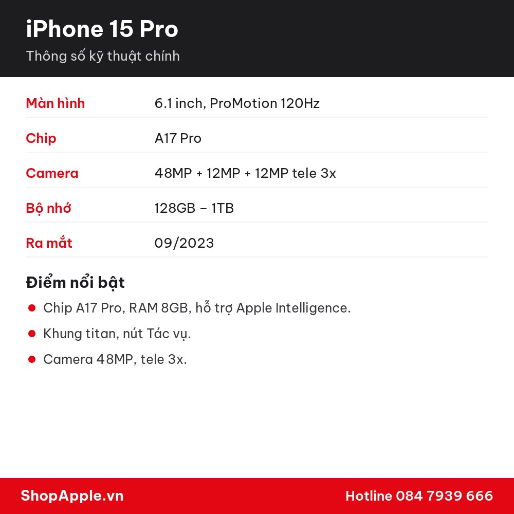 Thông số kỹ thuật iPhone 15 Pro