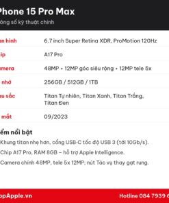 Thông số kỹ thuật iPhone 15 Pro Max
