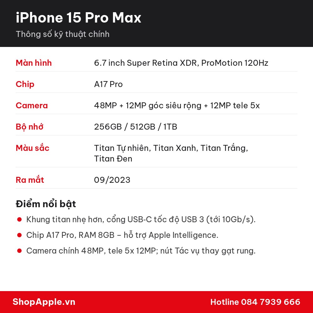 Thông số kỹ thuật iPhone 15 Pro Max