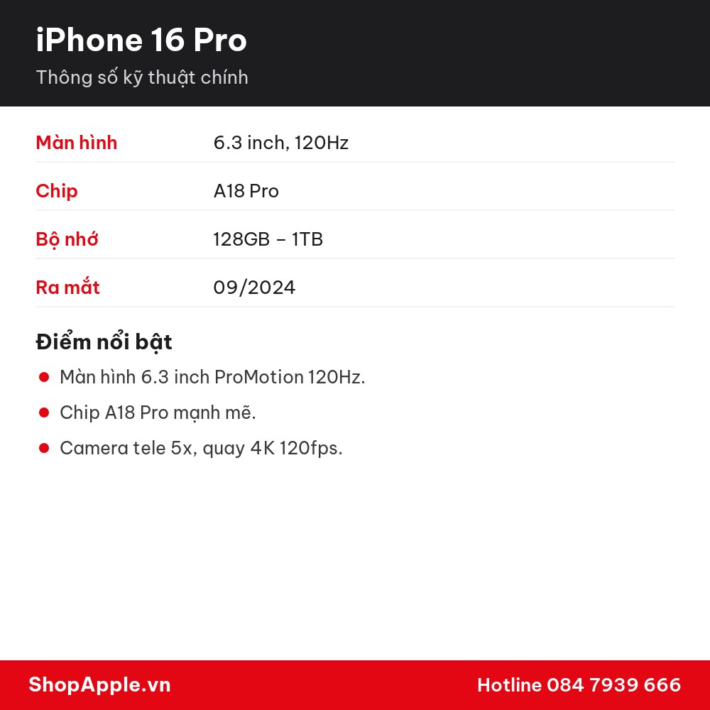 Thông số kỹ thuật iPhone 16 Pro