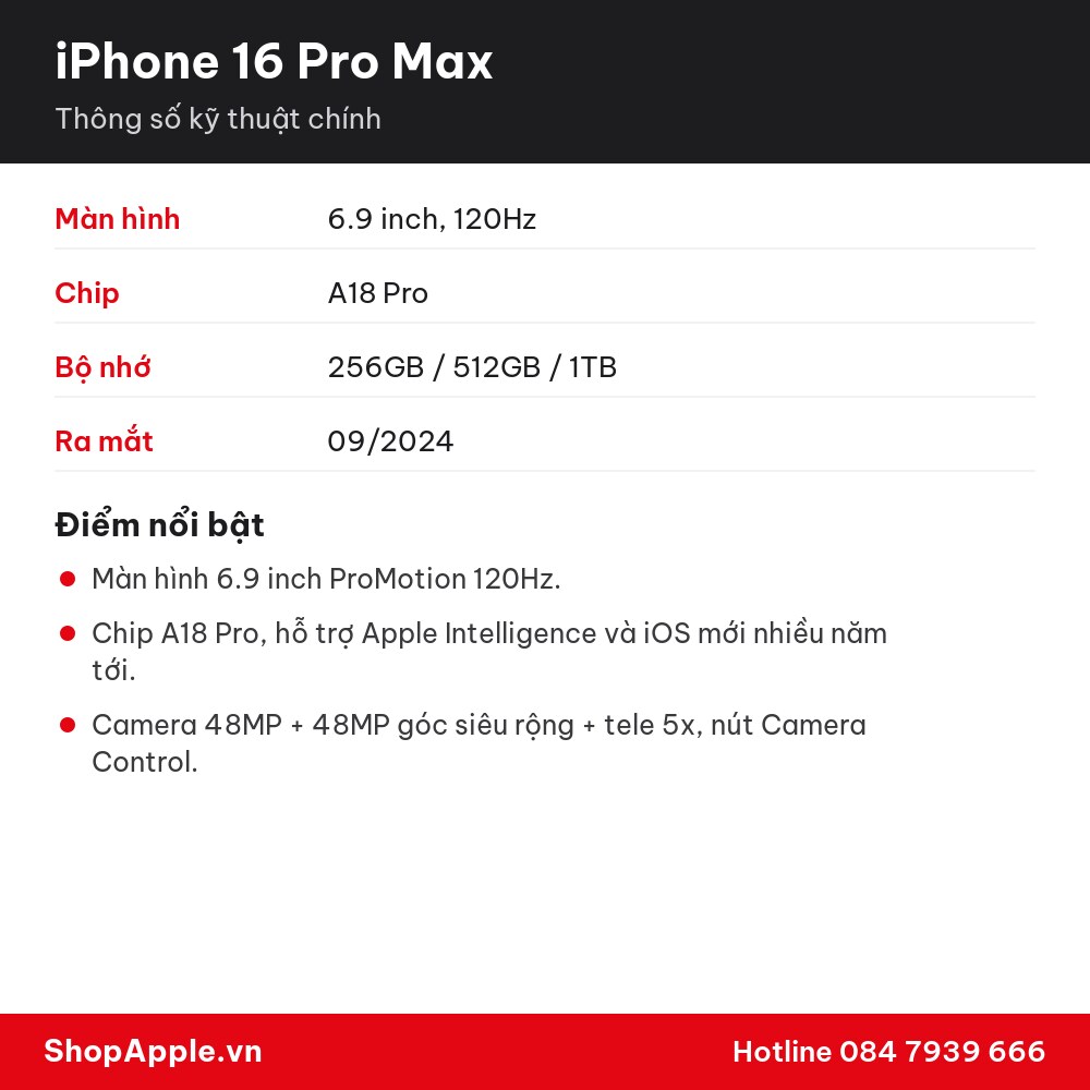 Thông số kỹ thuật iPhone 16 Pro Max