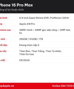 Thông số kỹ thuật iPhone 16 Pro Max