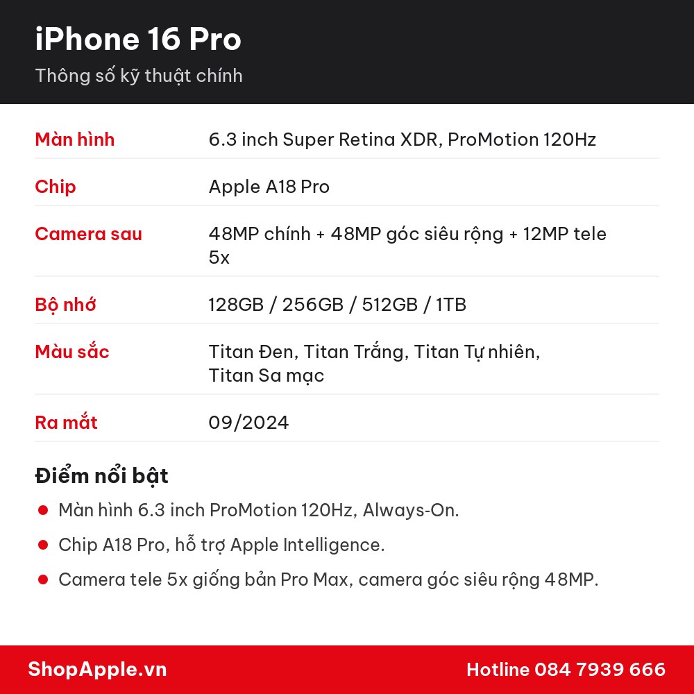 Thông số kỹ thuật iPhone 16 Pro