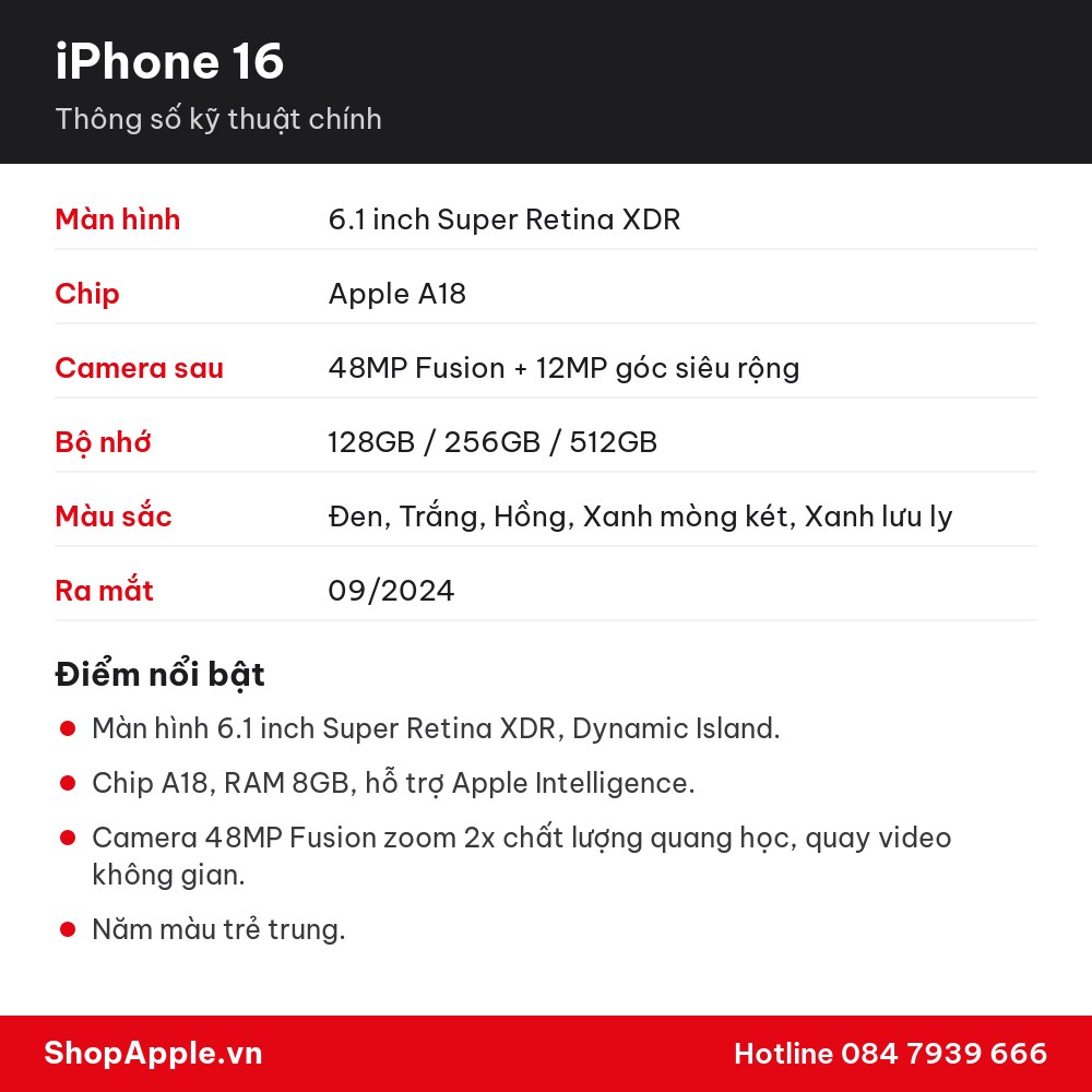 Thông số kỹ thuật iPhone 16