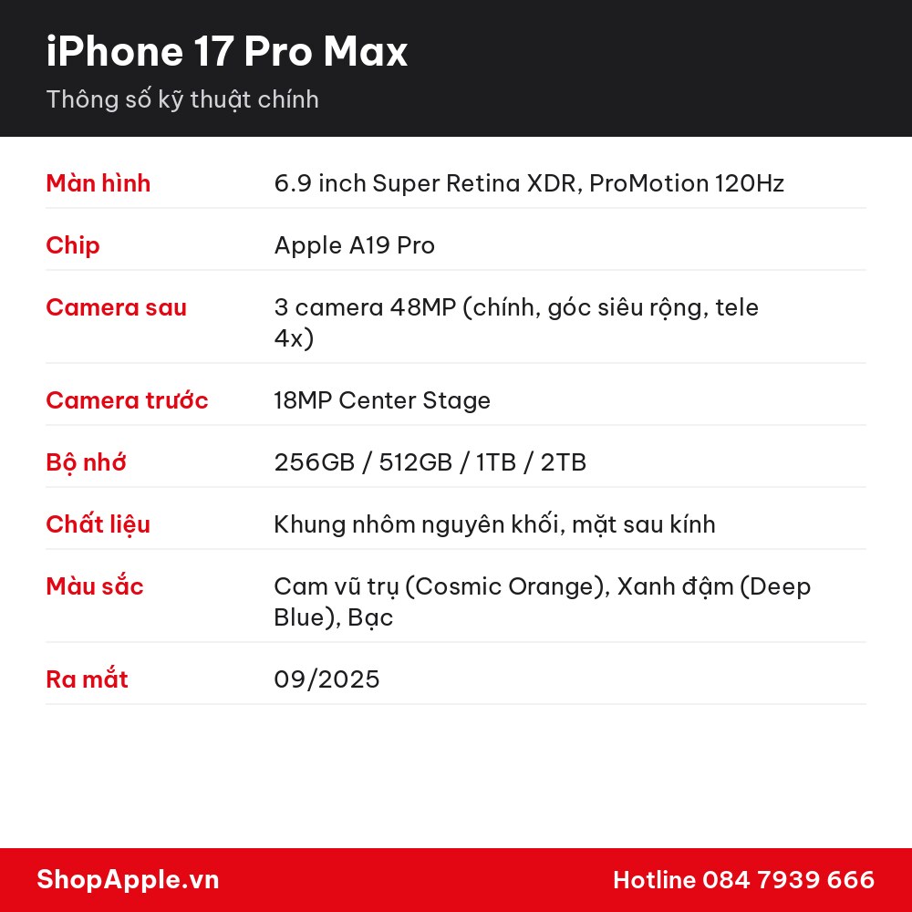 Thông số kỹ thuật iPhone 17 Pro Max