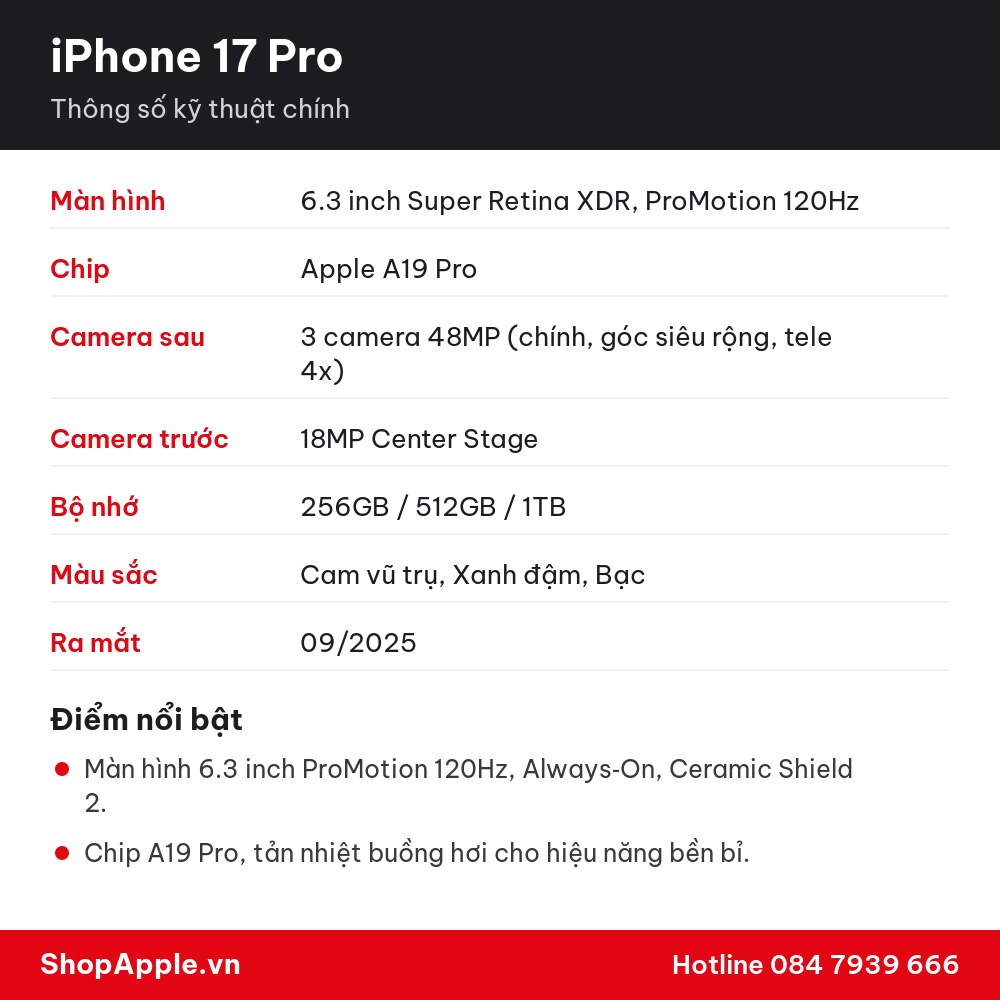 Thông số kỹ thuật iPhone 17 Pro