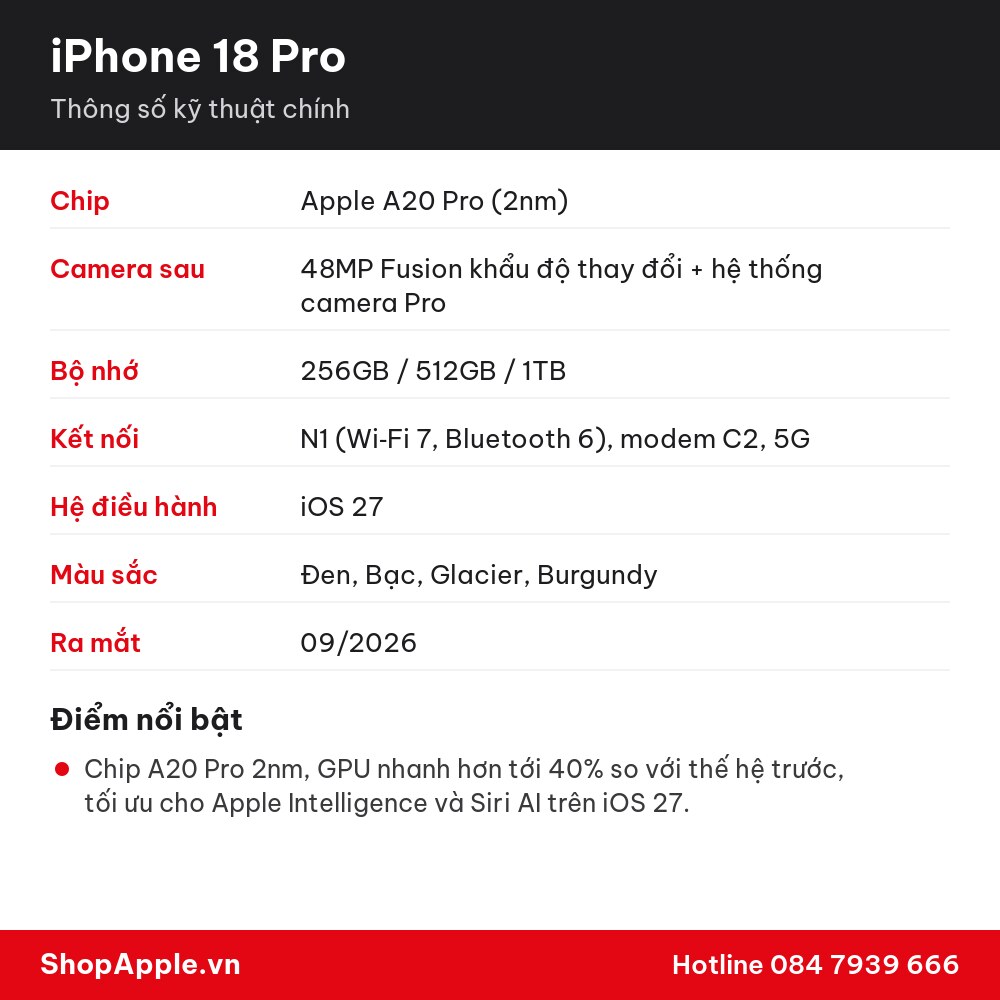 Thông số kỹ thuật iPhone 18 Pro