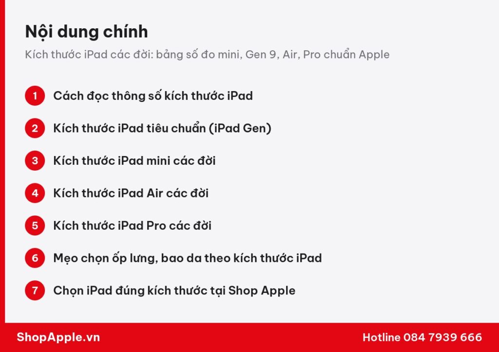 Tóm tắt nội dung: Kích thước iPad các đời: bảng số đo mini, Gen 9, Air, Pro chuẩn Apple