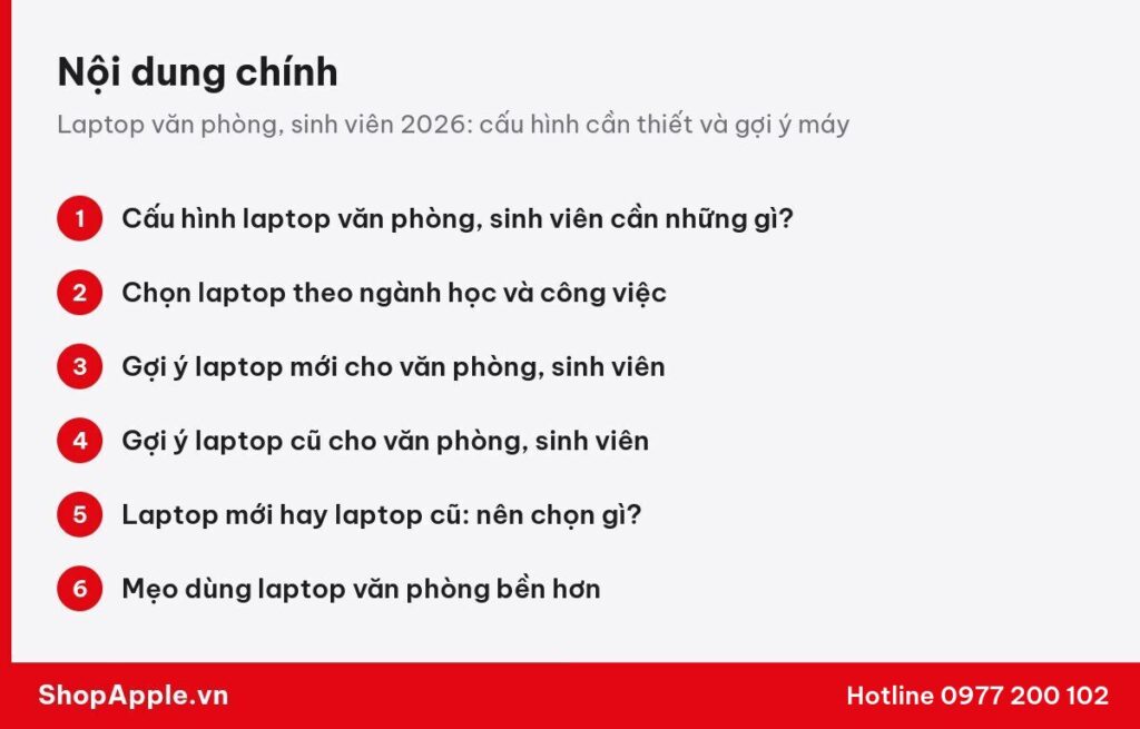 Tóm tắt nội dung: Laptop văn phòng, sinh viên 2026: cấu hình cần thiết và gợi ý máy