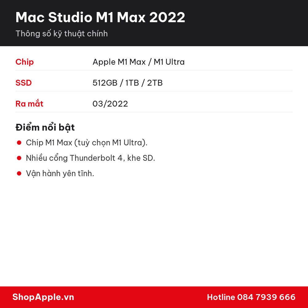 Thông số kỹ thuật Mac Studio M1 Max 2022