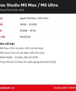 Thông số kỹ thuật Mac Studio M5 Max / M5 Ultra