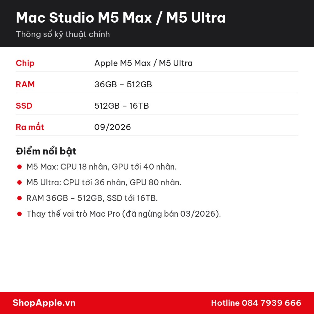 Thông số kỹ thuật Mac Studio M5 Max / M5 Ultra