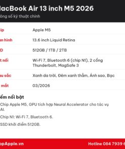 Thông số kỹ thuật MacBook Air 13 inch M5 2026