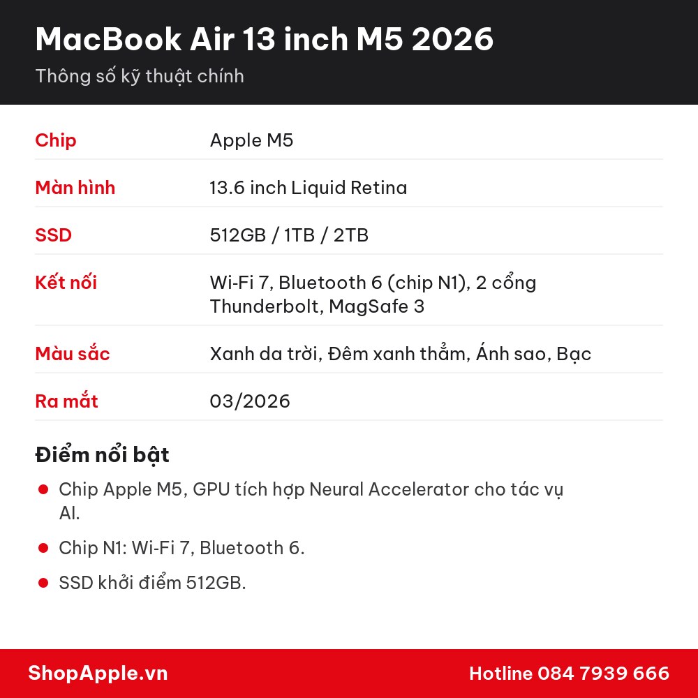 Thông số kỹ thuật MacBook Air 13 inch M5 2026