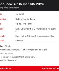 Thông số kỹ thuật MacBook Air 15 inch M5 2026