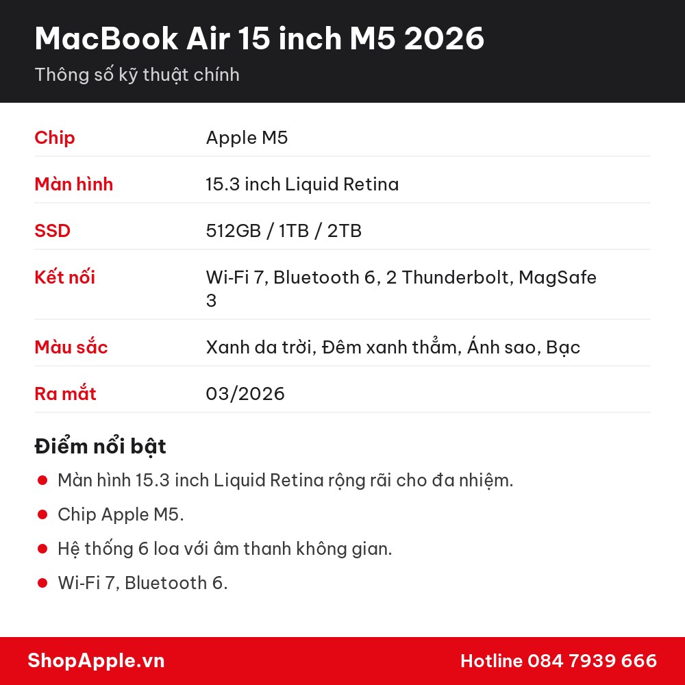 Thông số kỹ thuật MacBook Air 15 inch M5 2026
