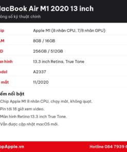 Thông số kỹ thuật MacBook Air M1 2020 13 inch