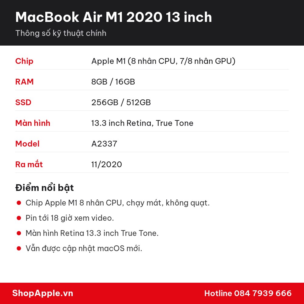 Thông số kỹ thuật MacBook Air M1 2020 13 inch