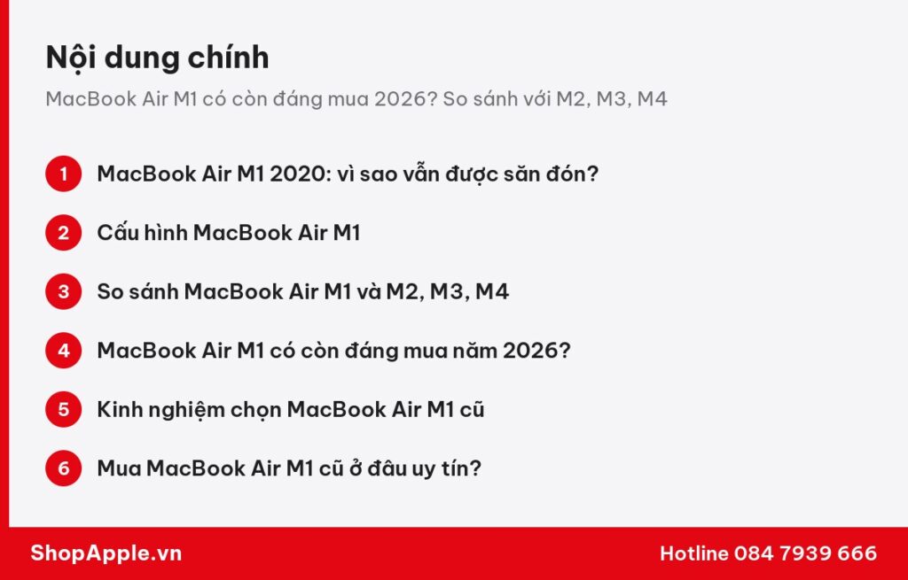 Tóm tắt nội dung: MacBook Air M1 có còn đáng mua 2026? So sánh với M2, M3, M4