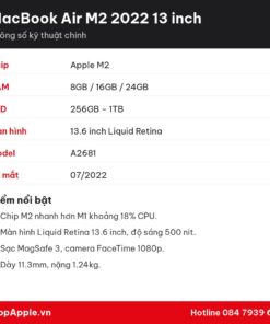 Thông số kỹ thuật MacBook Air M2 2022 13 inch