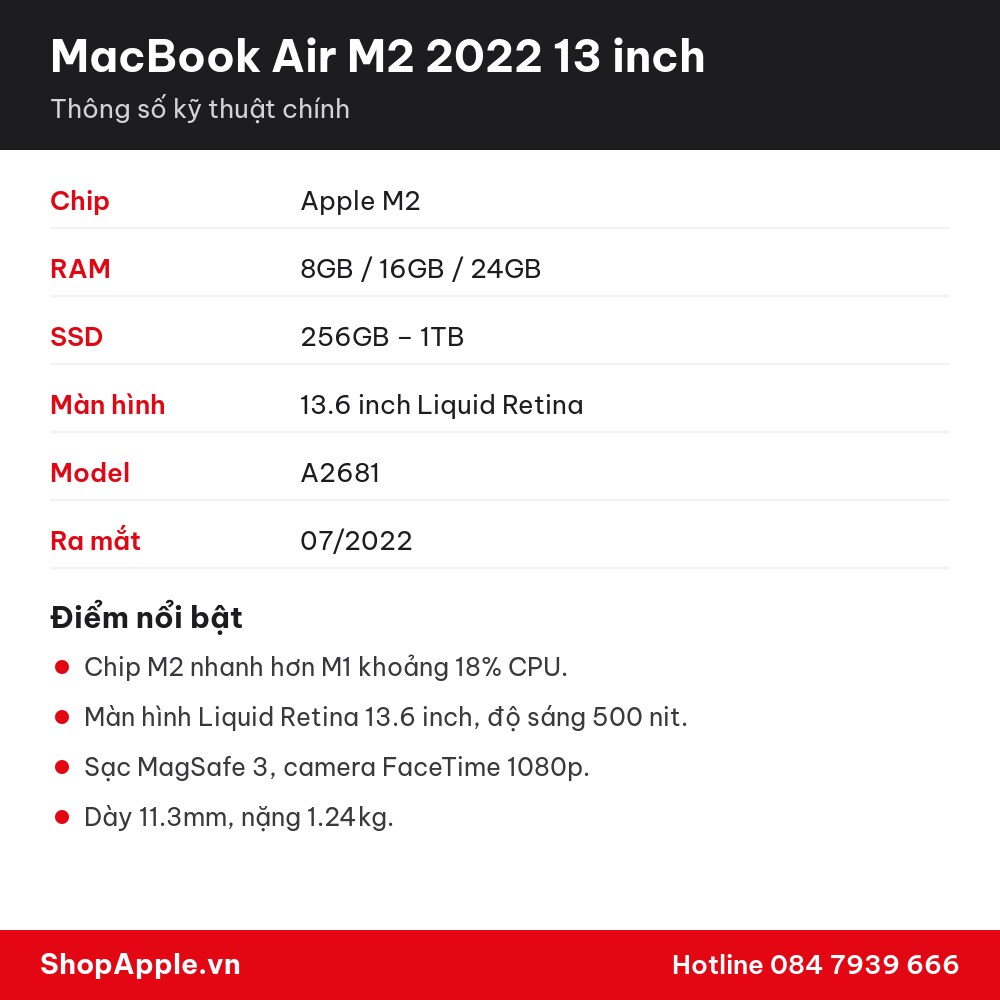 Thông số kỹ thuật MacBook Air M2 2022 13 inch