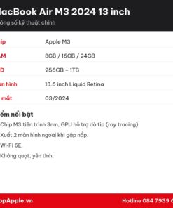 Thông số kỹ thuật MacBook Air M3 2024 13 inch