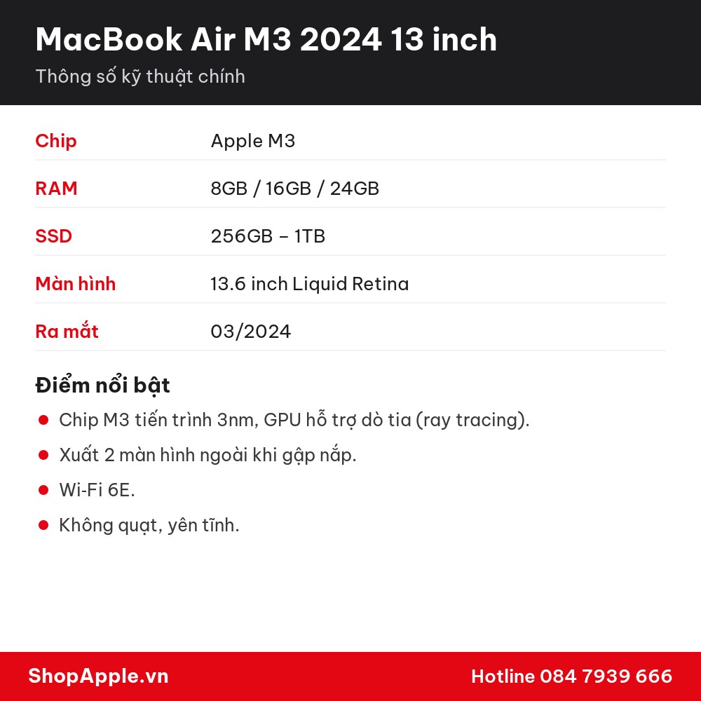 Thông số kỹ thuật MacBook Air M3 2024 13 inch