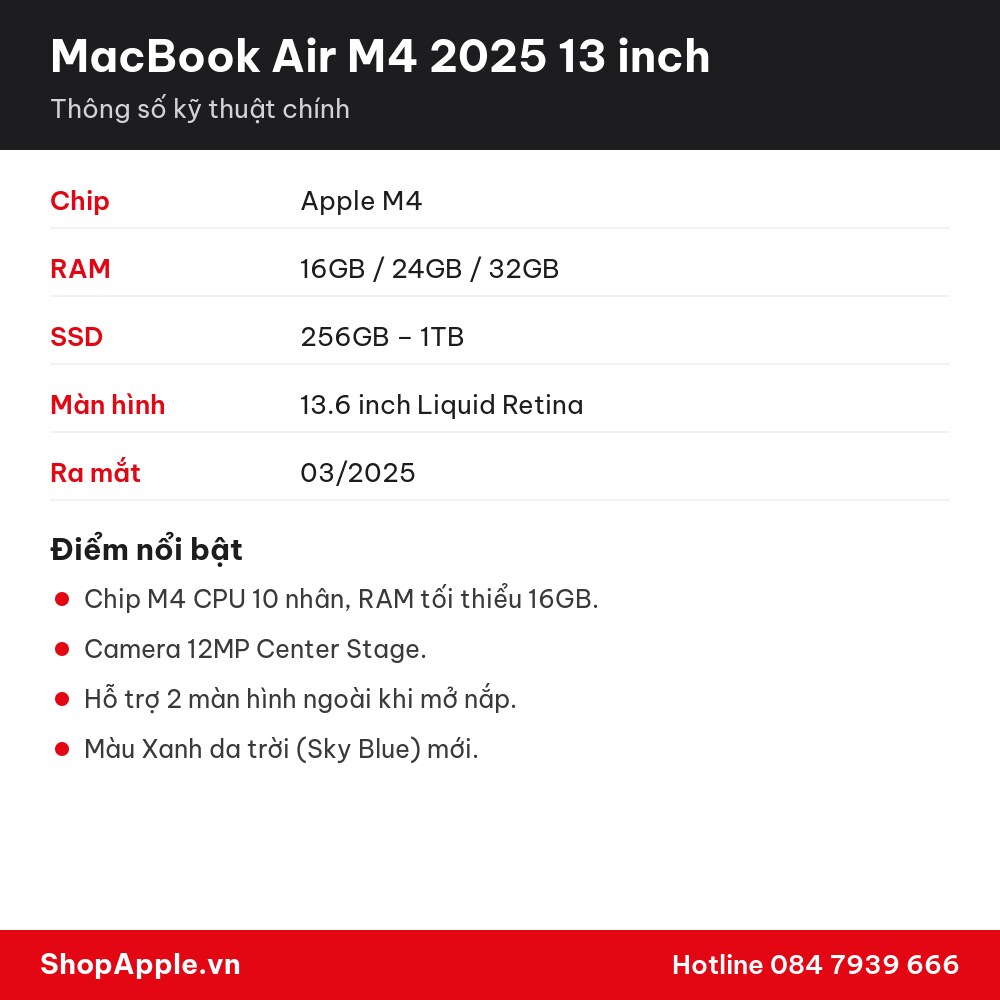 Thông số kỹ thuật MacBook Air M4 2025 13 inch