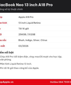 Thông số kỹ thuật MacBook Neo 13 inch A18 Pro