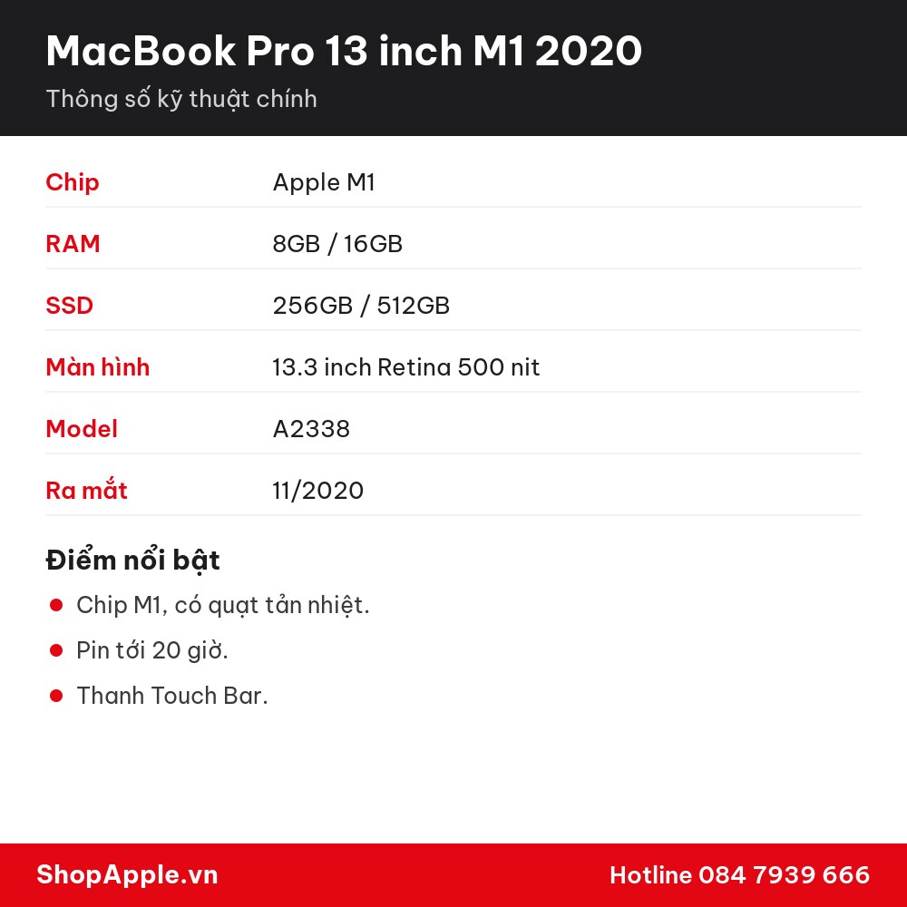 Thông số kỹ thuật MacBook Pro 13 inch M1 2020
