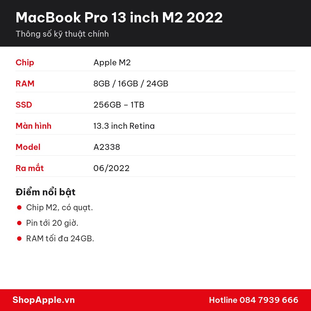 Thông số kỹ thuật MacBook Pro 13 inch M2 2022