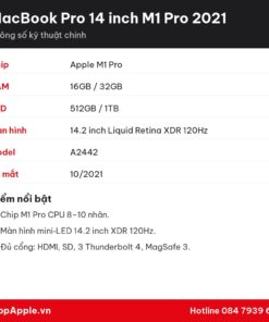 Thông số kỹ thuật MacBook Pro 14 inch M1 Pro 2021